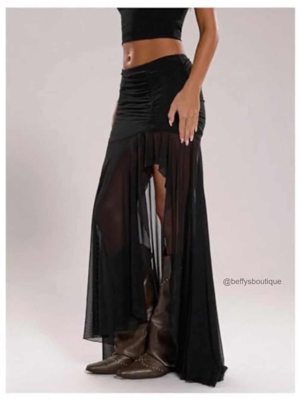 Sheer Mesh Pleated Asymmetrical Maxi Skirt High Slit Bodycon